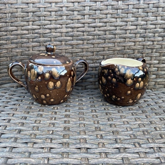 arnels 1970s Ceramic Creamer & Sugar Bowl Set Brown/Orange/Gold Coffee Tea VTG - Picture 3 of 9